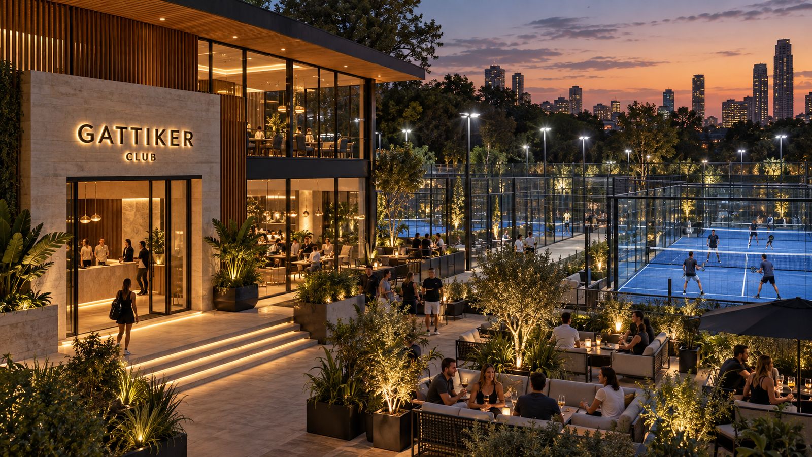 Club de pádel de noche, con canchas iluminadas y terraza