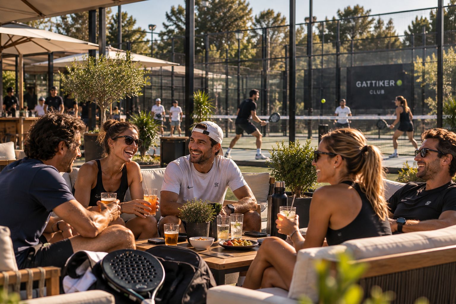Jugadores conversando en la terraza de un club después de jugar