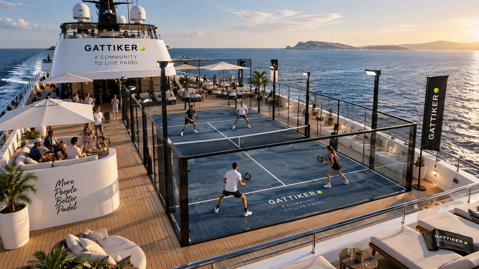 Cancha de pádel sobre la cubierta de un barco al atardecer