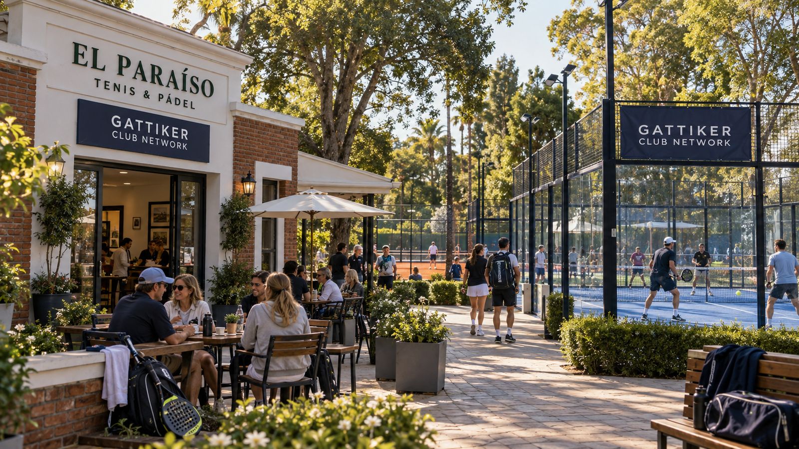 Club de tenis y pádel con terraza y canchas, parte de la red